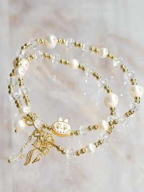 Labubu Inspired Double-Strand Pearl & Crystal Bracelet Gold & White